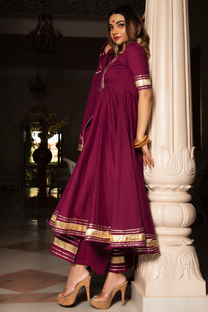 Women's BURGUNDY PURE COTTON ANARKALI SET - Pomcha Jaipur