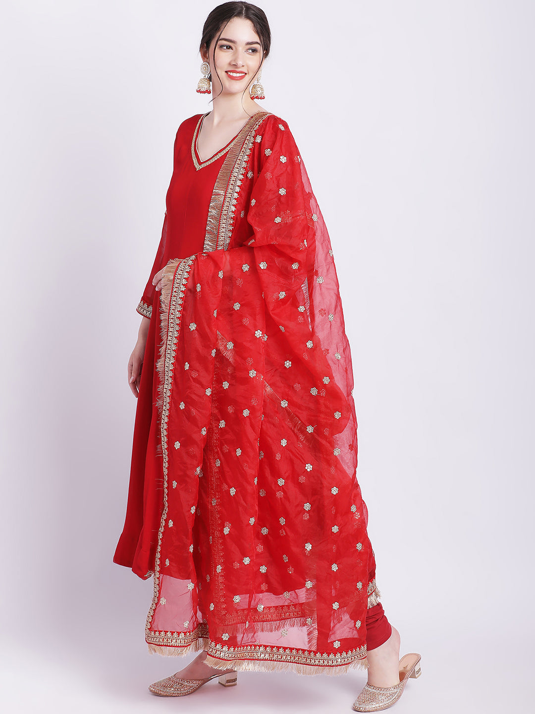 Women's Ruby Woo Georgette Border Anarkali With Churidar And Organza Dupatta