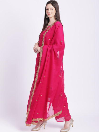 Women's Glam Pink Embroidered Kurti With Straight Palazzo And Embroidered Dupatta