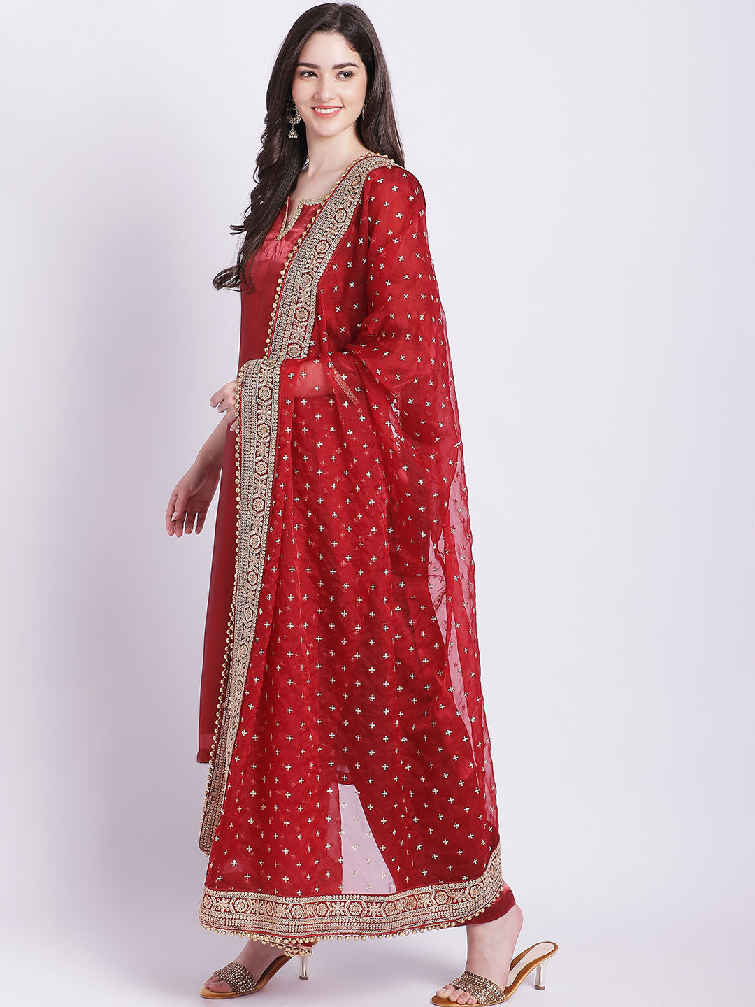 Women's Maroon Shine Organza Straight Kurti With Straight Palazzo And Embroidered Organza Dupatta