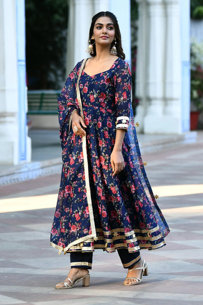 Women's Indigo Floral Anarkali Suit Set   -3Pc Set