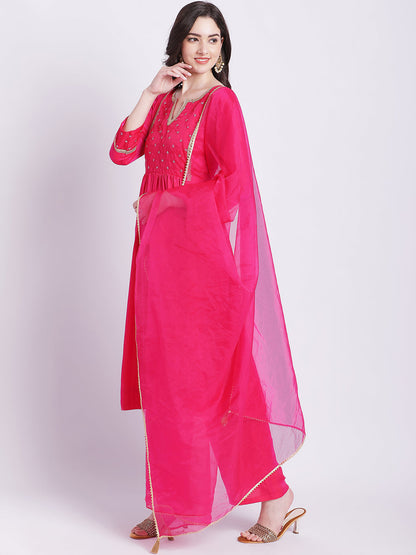 Women's Pink Punch A-Line Kurti With Straight Palazzo And Organza Dupatta