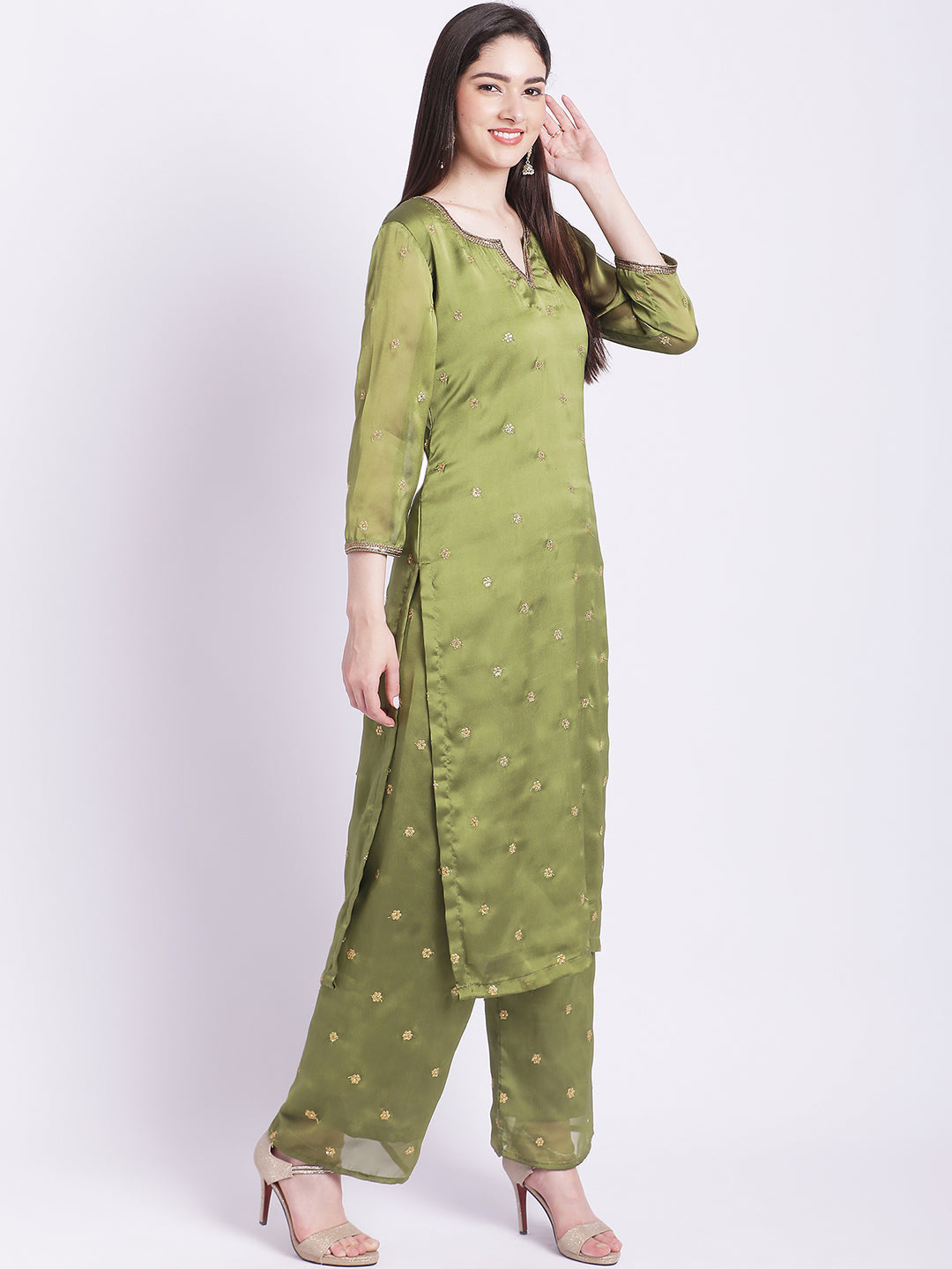 Women's Glam Green Embroidered Kurti With Straight Palazzo