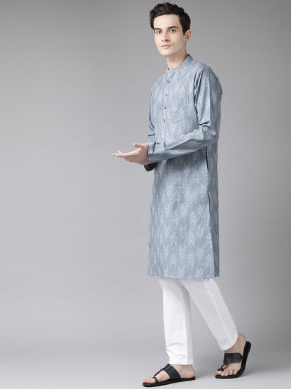 Men's Grey And White  Printed Straight Kurta