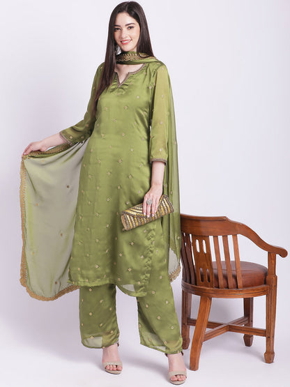 Women's Glam Green Embroidered Kurti With Straight Palazzo And Embroidered Dupatta