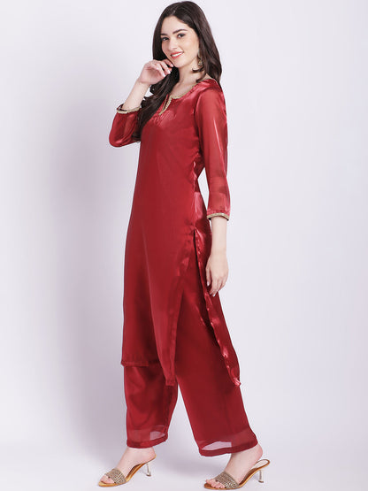 Women's Maroon Shine Organza Straight Kurti With Straight Palazzo