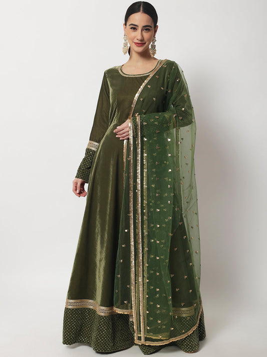 Women's Olive Green Shine Velvet Floorlength With Net Sequin Dupatta