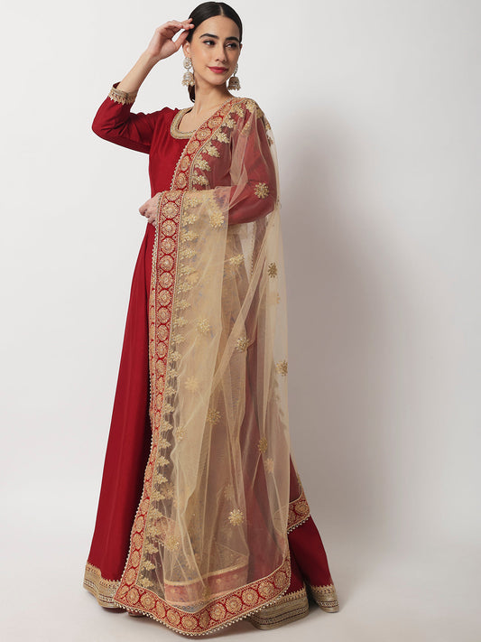 Women's Bridal Maroon Beauty Silk Floorlength With Embroidered Dupatta