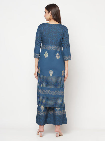 Women's Rayon Block print Straight Kurta palazzo set,Blue