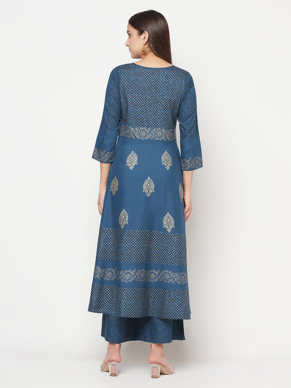 Women's Rayon Block print Anarkali palazzo set,Blue