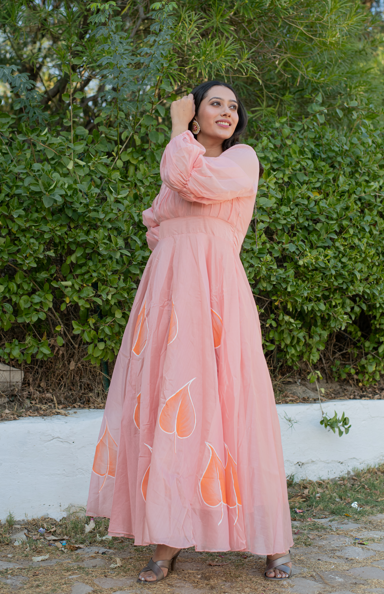 Women's Gulkaari Hand Painted Bell Sleeves Peach Gown