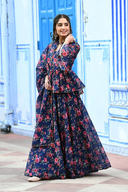 Women's Indigo Floral Print Lehenga Set   -3Pc Set