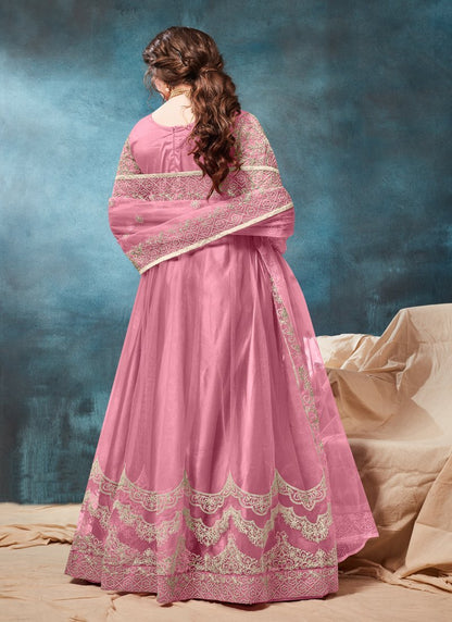 Women's Pink Net Zari Floor Length Anarkali Suit