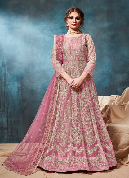 Women's Pink Net Zari Floor Length Anarkali Suit