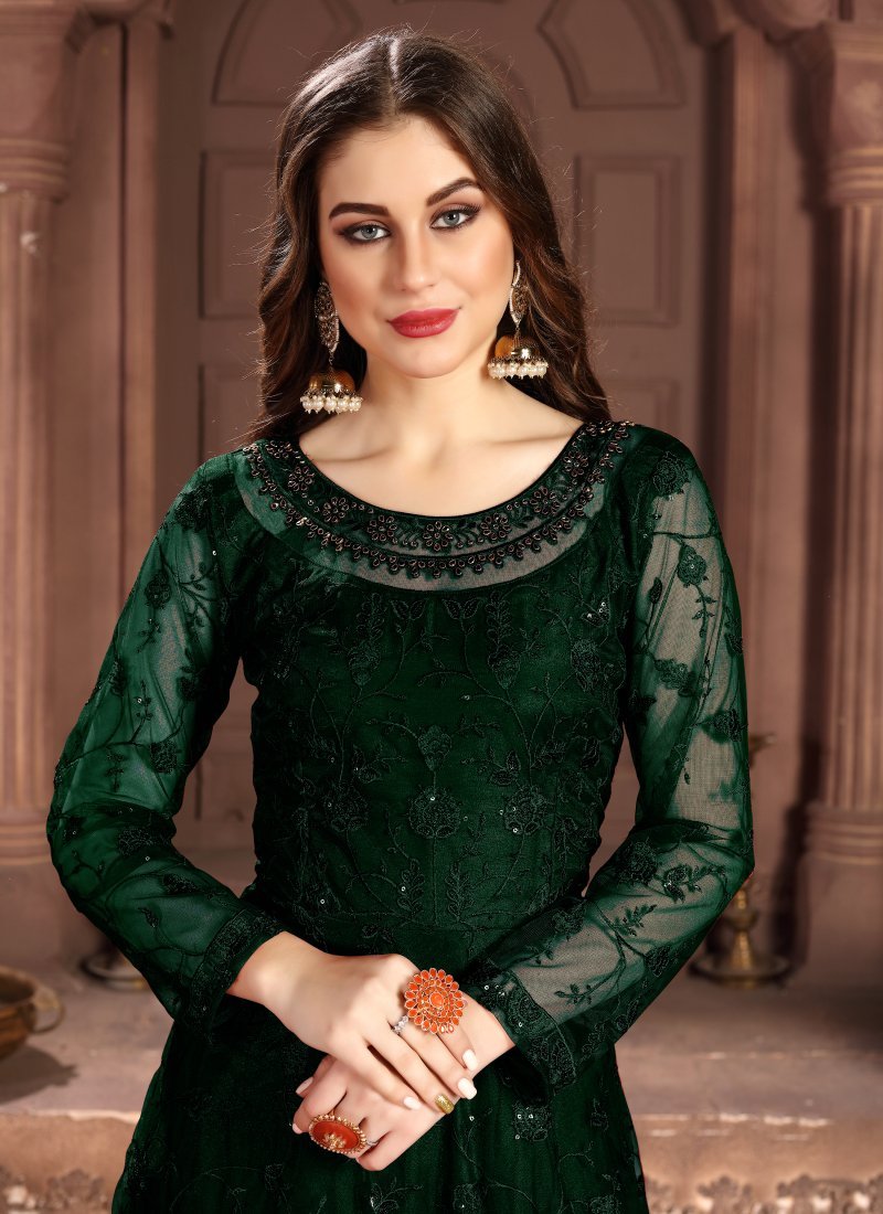 Women's Green Festive Wear Fancy Net Embroidered Salwar Suit