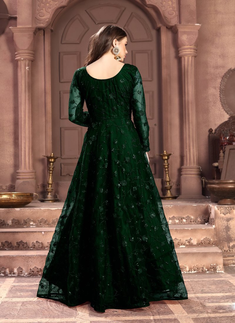 Women's Green Festive Wear Fancy Net Embroidered Salwar Suit