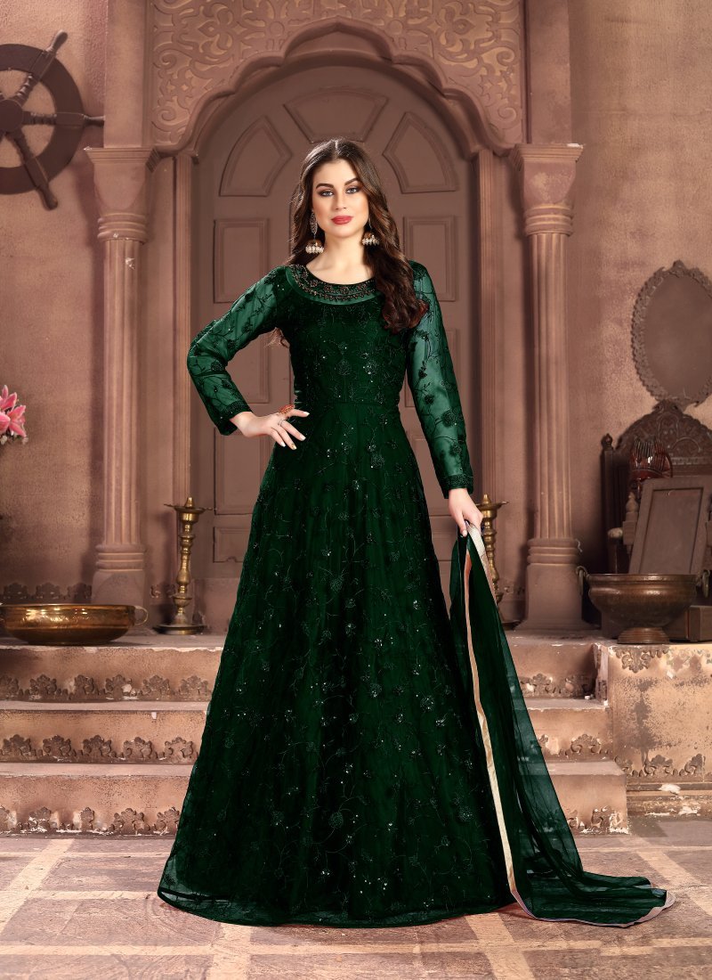 Women's Green Festive Wear Fancy Net Embroidered Salwar Suit