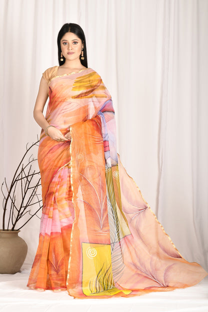 Women's Hand Painted Orange Saree With All-Over Vegetable Dyes With Blouse