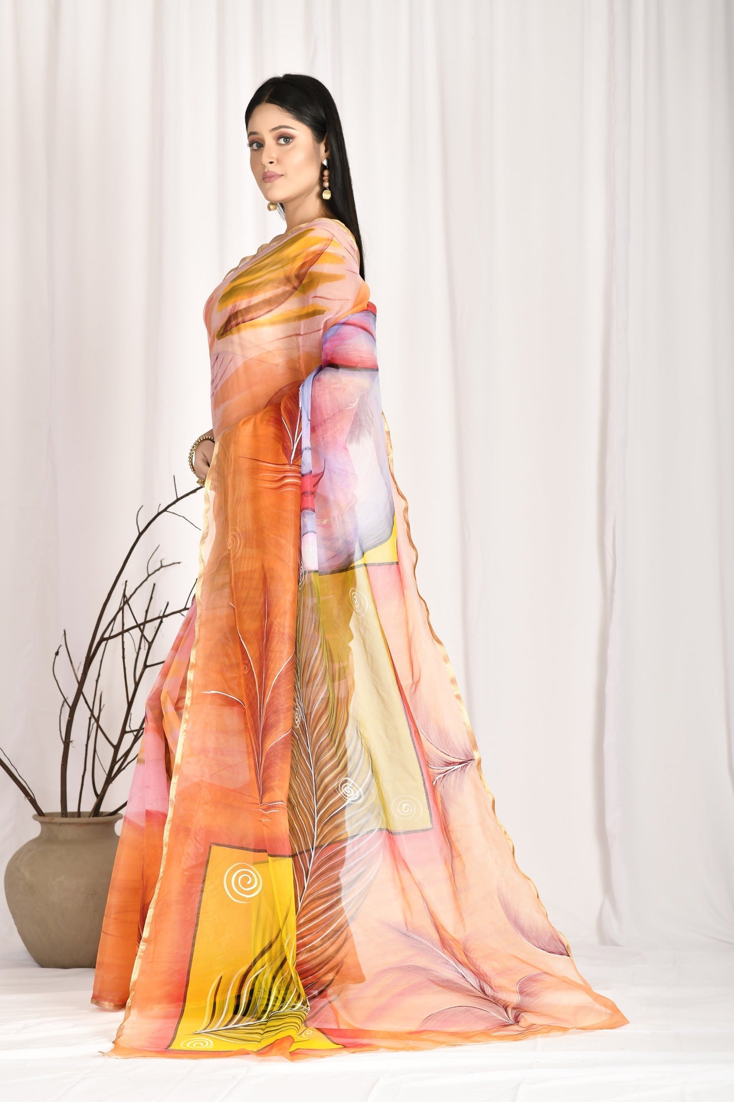 Women's Hand Painted Orange Saree With All-Over Vegetable Dyes With Blouse