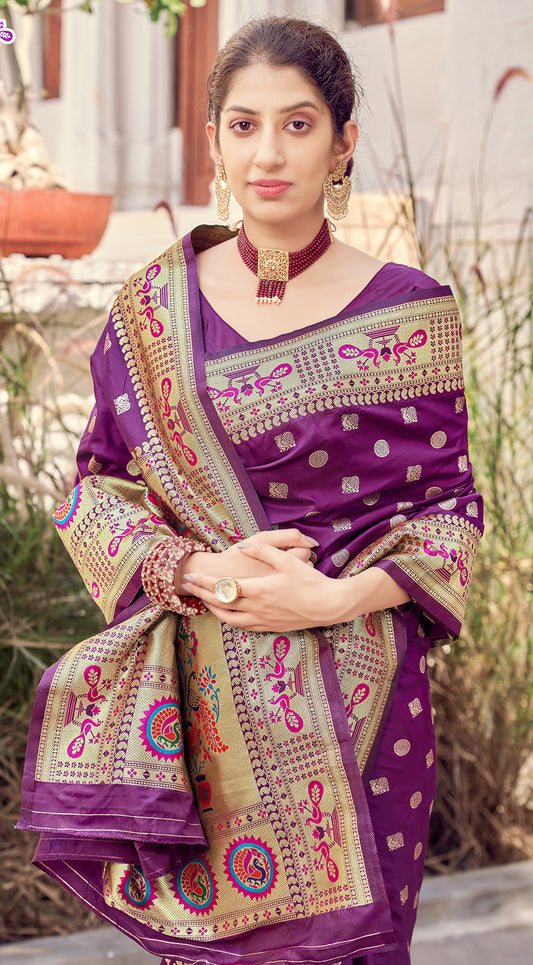 Women's Purple Color Banarasi Silk Traditional Saree  Fashion