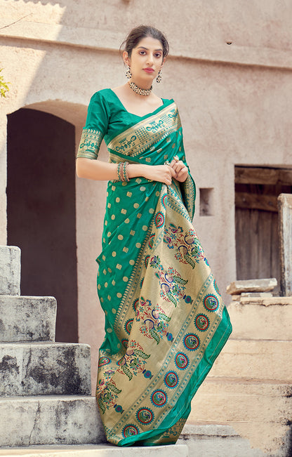 Women's Teal Color Banarasi Silk Traditional Saree  Fashion