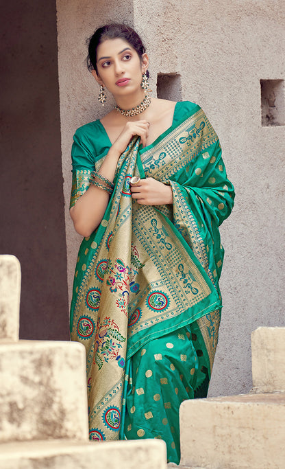 Women's Teal Color Banarasi Silk Traditional Saree  Fashion