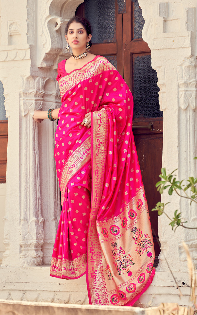 Women's Rani Pink Color Banarasi Silk Traditional Saree  Fashion