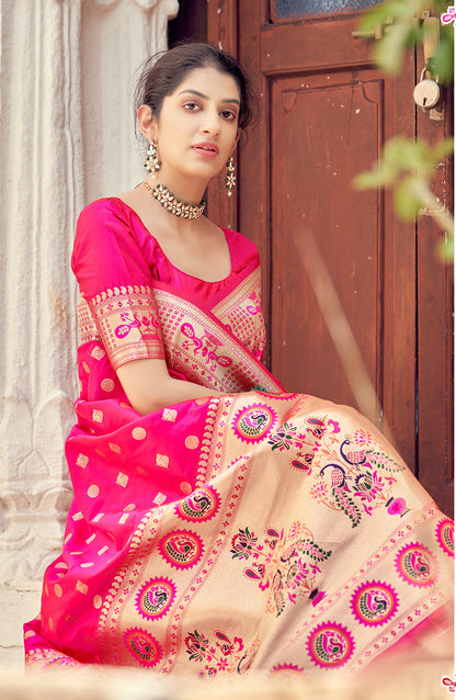 Women's Rani Pink Color Banarasi Silk Traditional Saree  Fashion