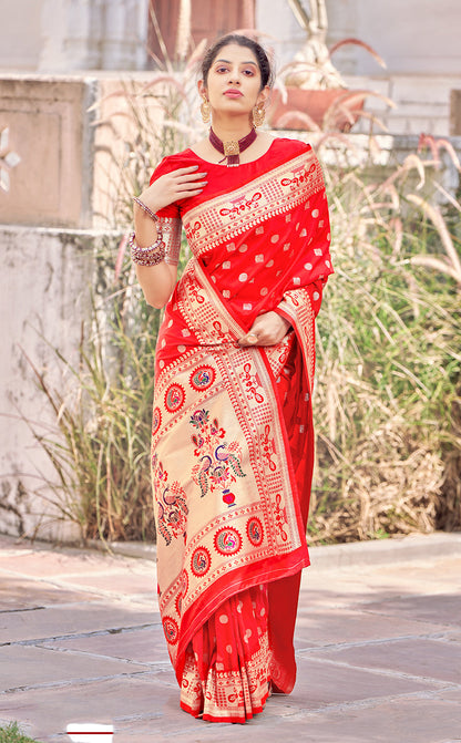 Women's Tomato Red Color Banarasi Silk Traditional Saree  Fashion