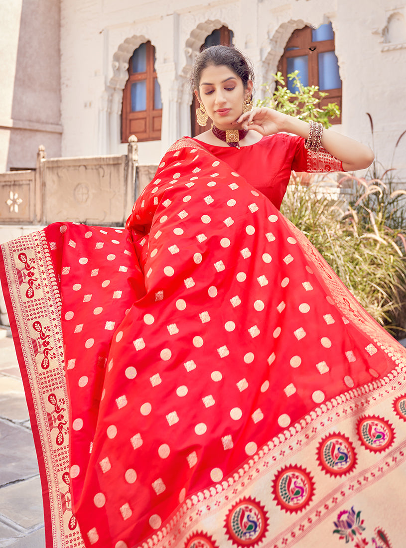 Women's Tomato Red Color Banarasi Silk Traditional Saree  Fashion