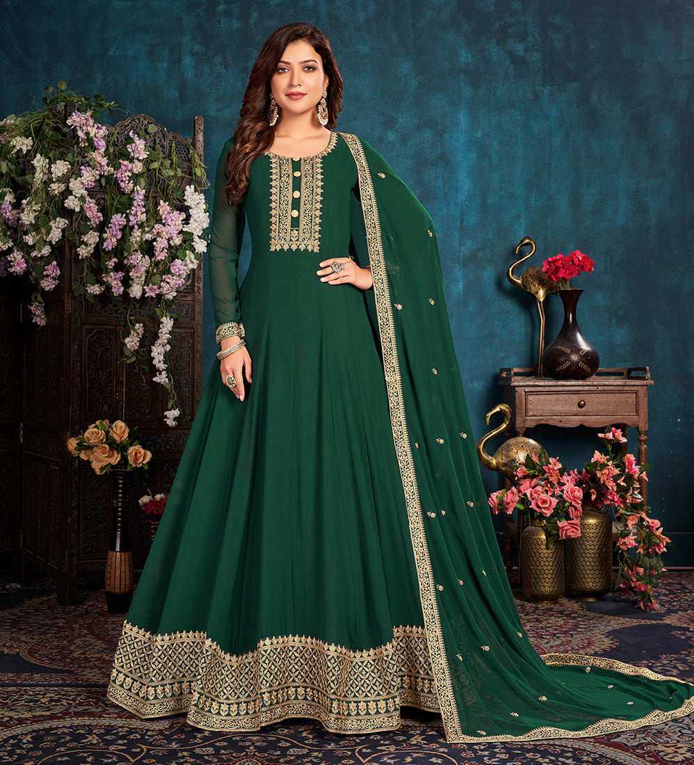 Women's Dark Green color Faux Georgette Embroidered Anarkali Suit