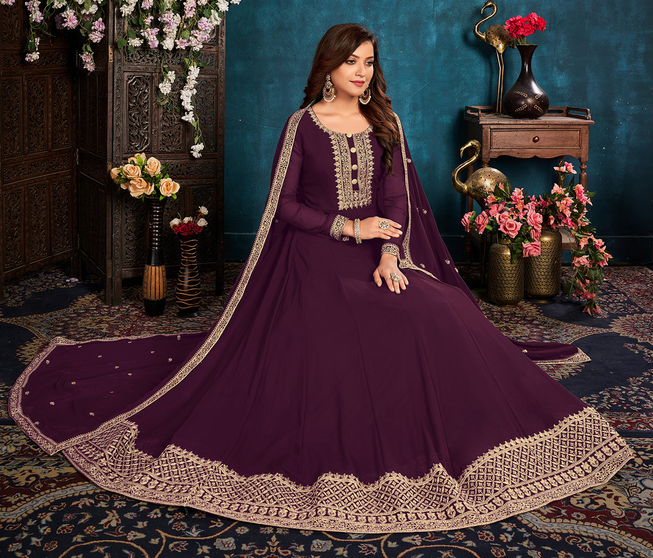 Women's Purple color Faux Georgette Embroidered Anarkali Suit