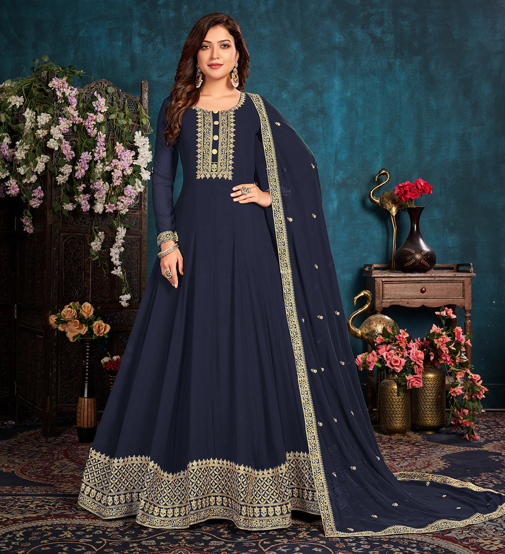 Women's Navy Blue color Faux Georgette Embroidered Anarkali Suit