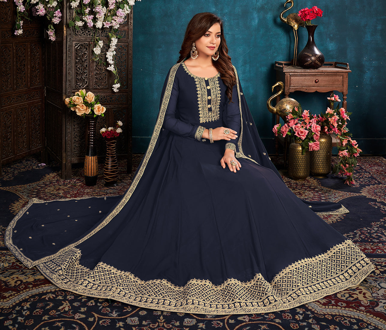 Women's Navy Blue color Faux Georgette Embroidered Anarkali Suit