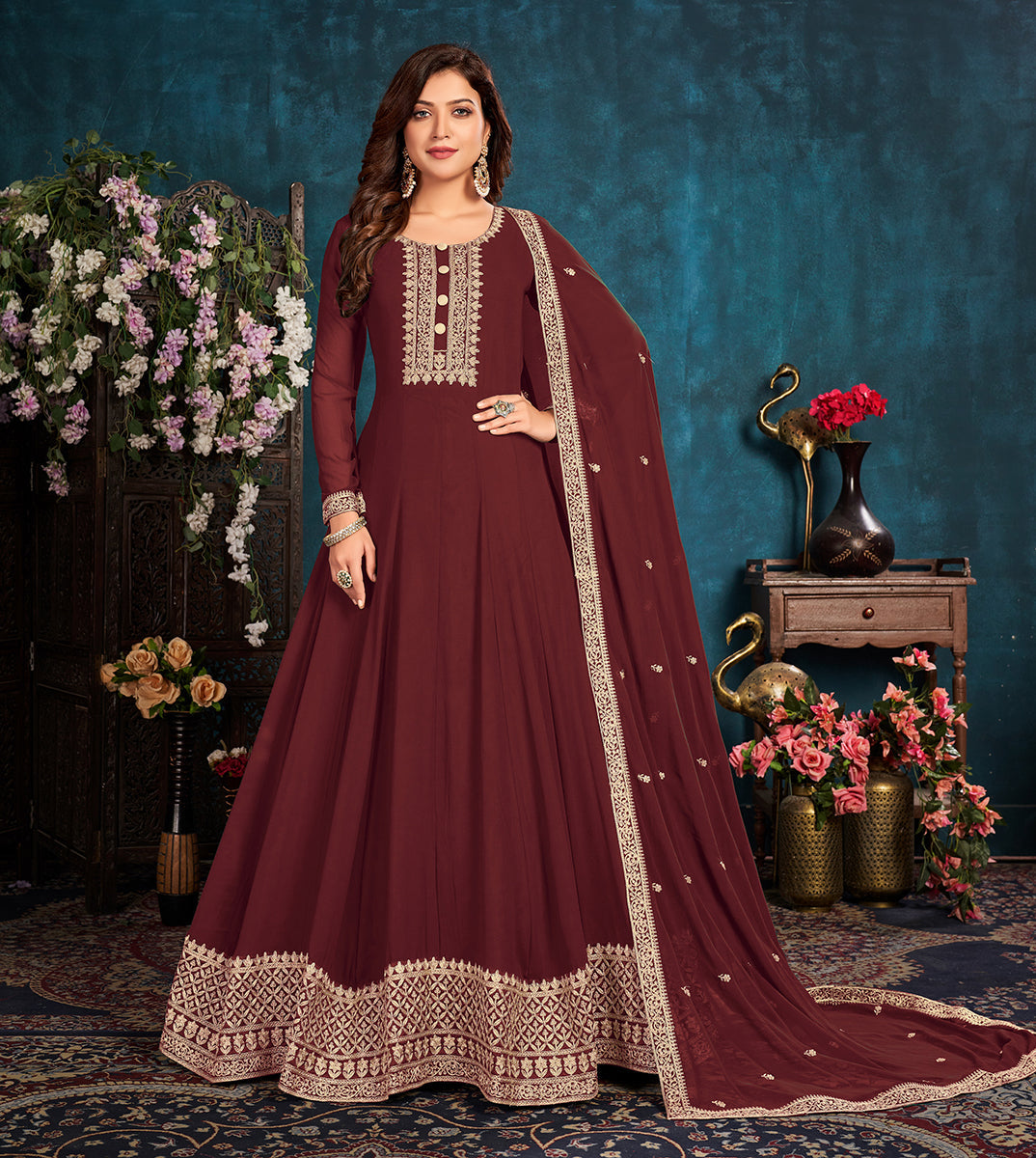 Women's Maroon color Faux Georgette Embroidered Anarkali Suit