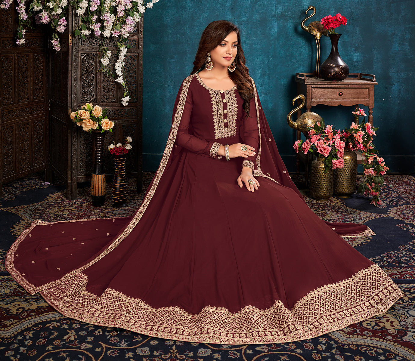 Women's Maroon color Faux Georgette Embroidered Anarkali Suit