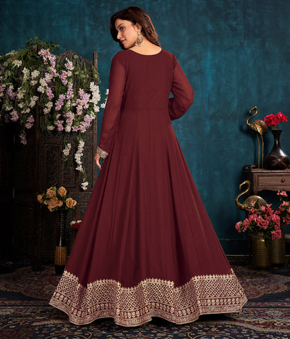 Women's Maroon color Faux Georgette Embroidered Anarkali Suit