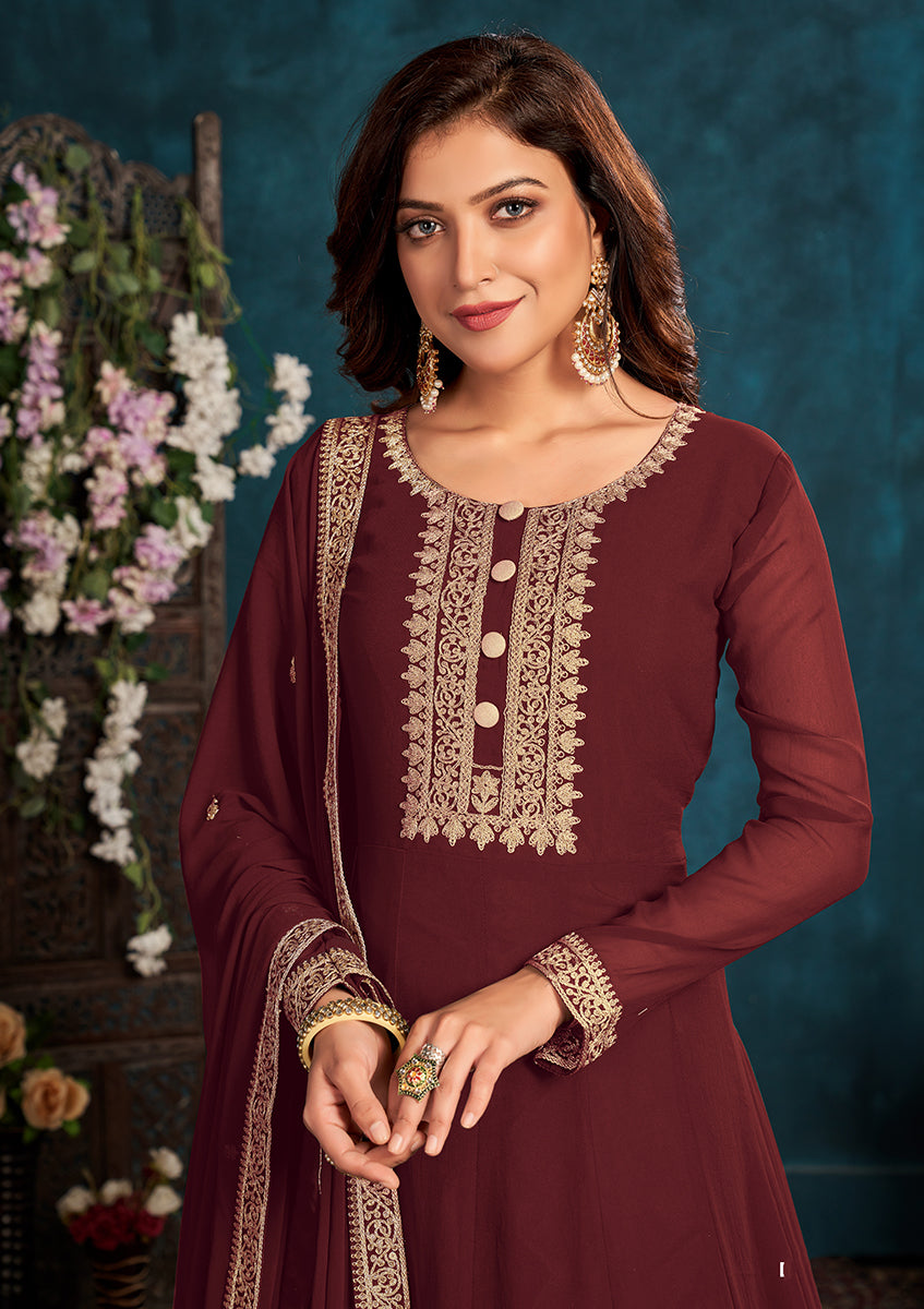 Women's Maroon color Faux Georgette Embroidered Anarkali Suit