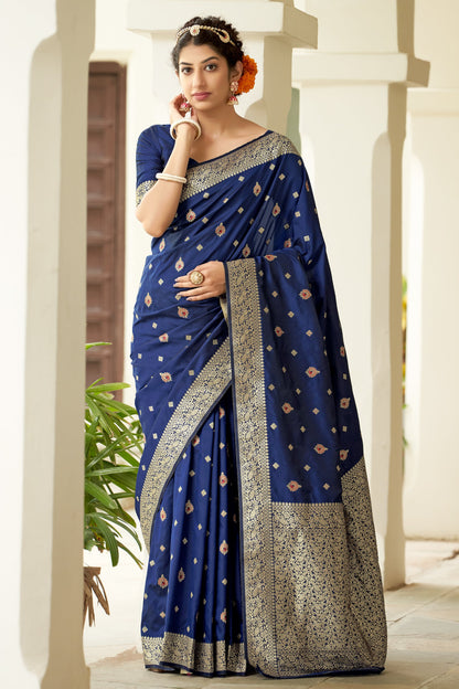 Women's Navy Blue Color Banarasi Silk Festive Wear Saree