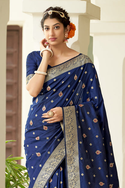 Women's Navy Blue Color Banarasi Silk Festive Wear Saree