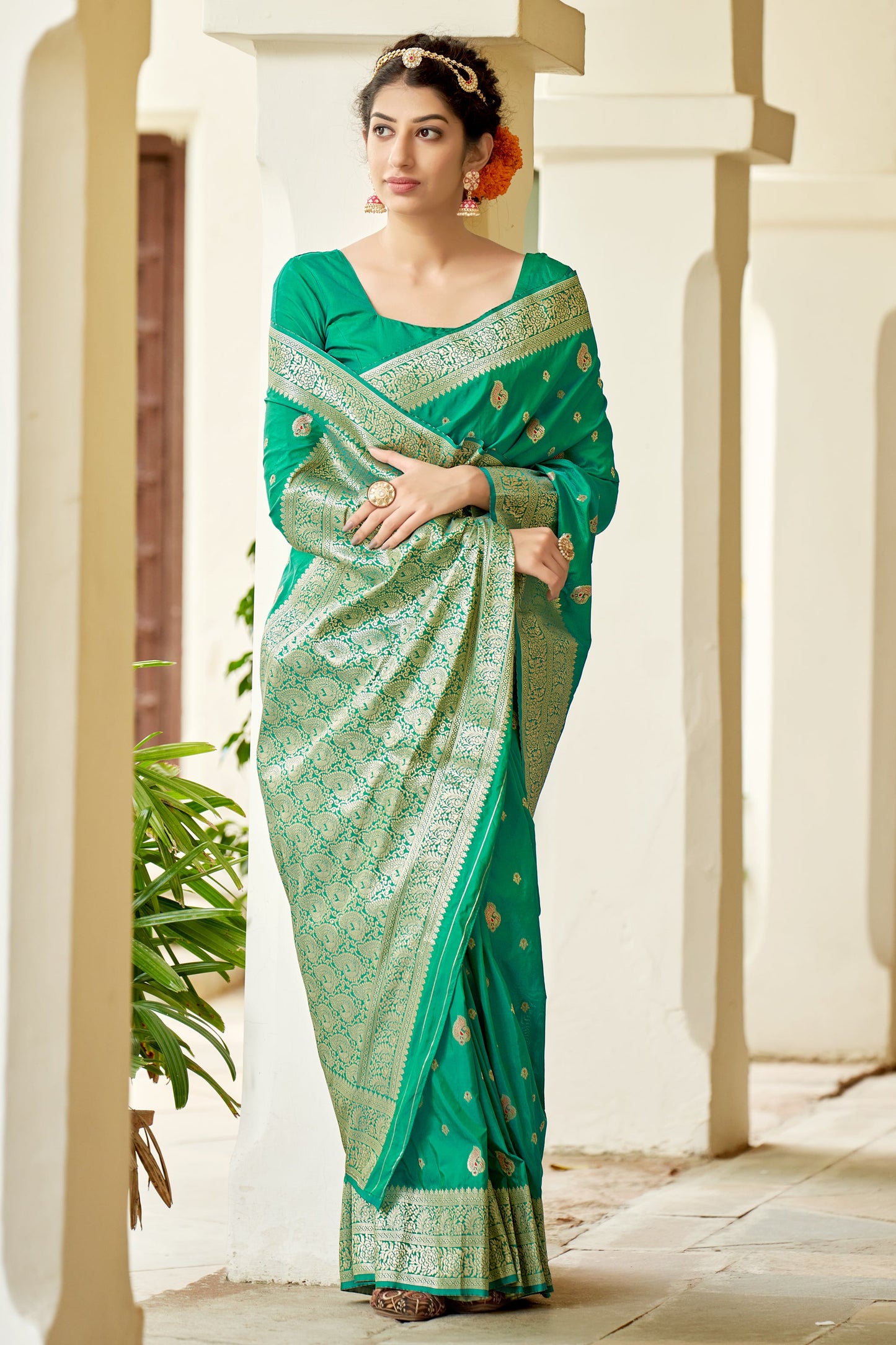 Women's Turquoise Color Banarasi Silk Festive Wear Saree