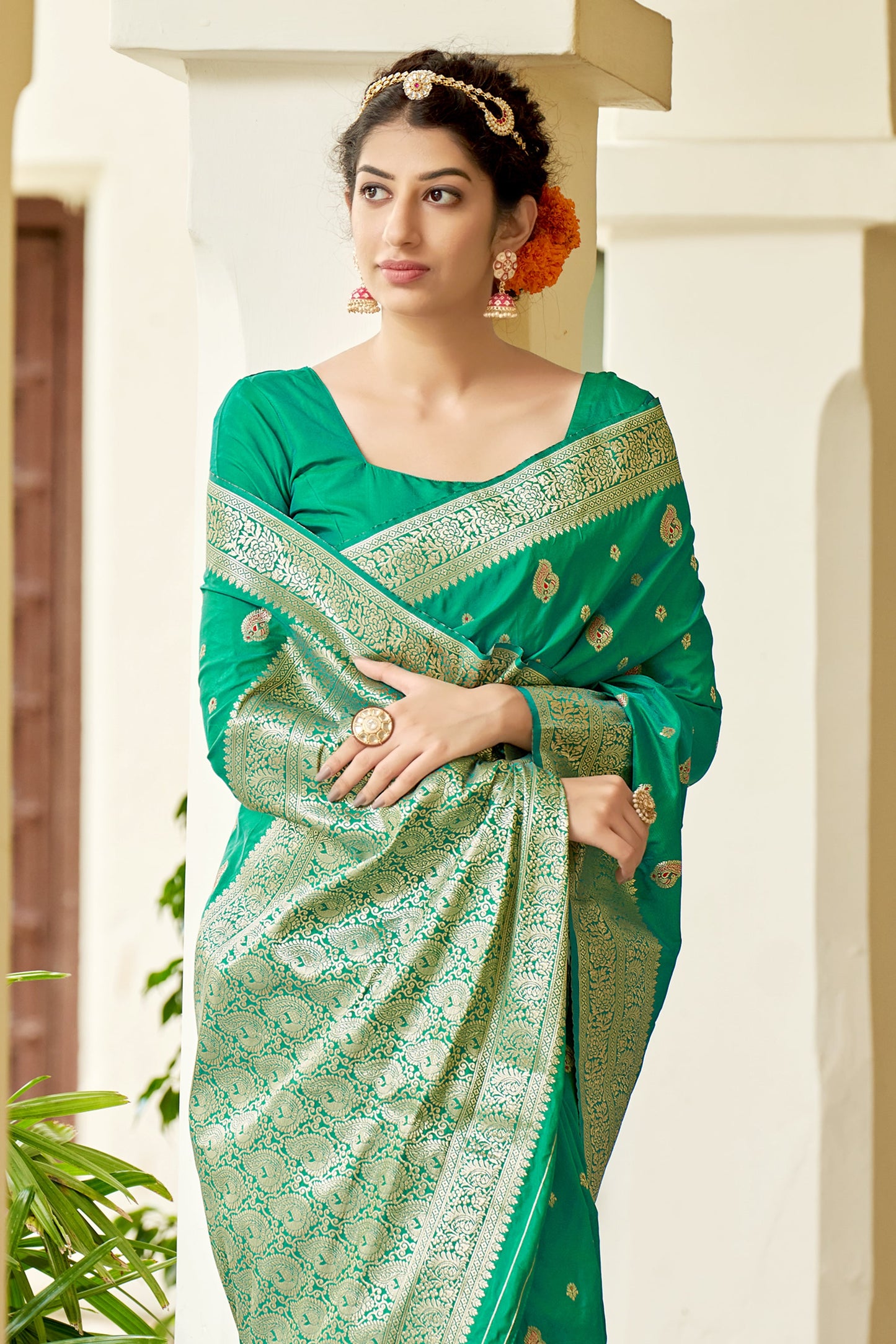 Women's Turquoise Color Banarasi Silk Festive Wear Saree