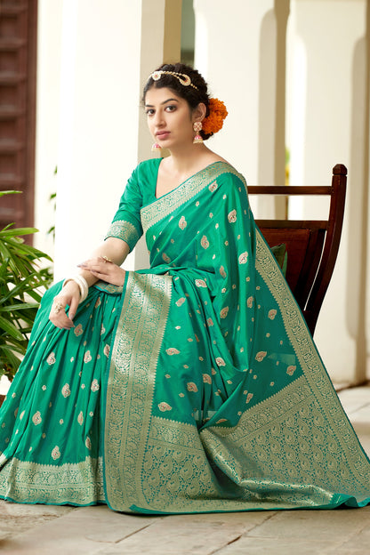 Women's Turquoise Color Banarasi Silk Festive Wear Saree