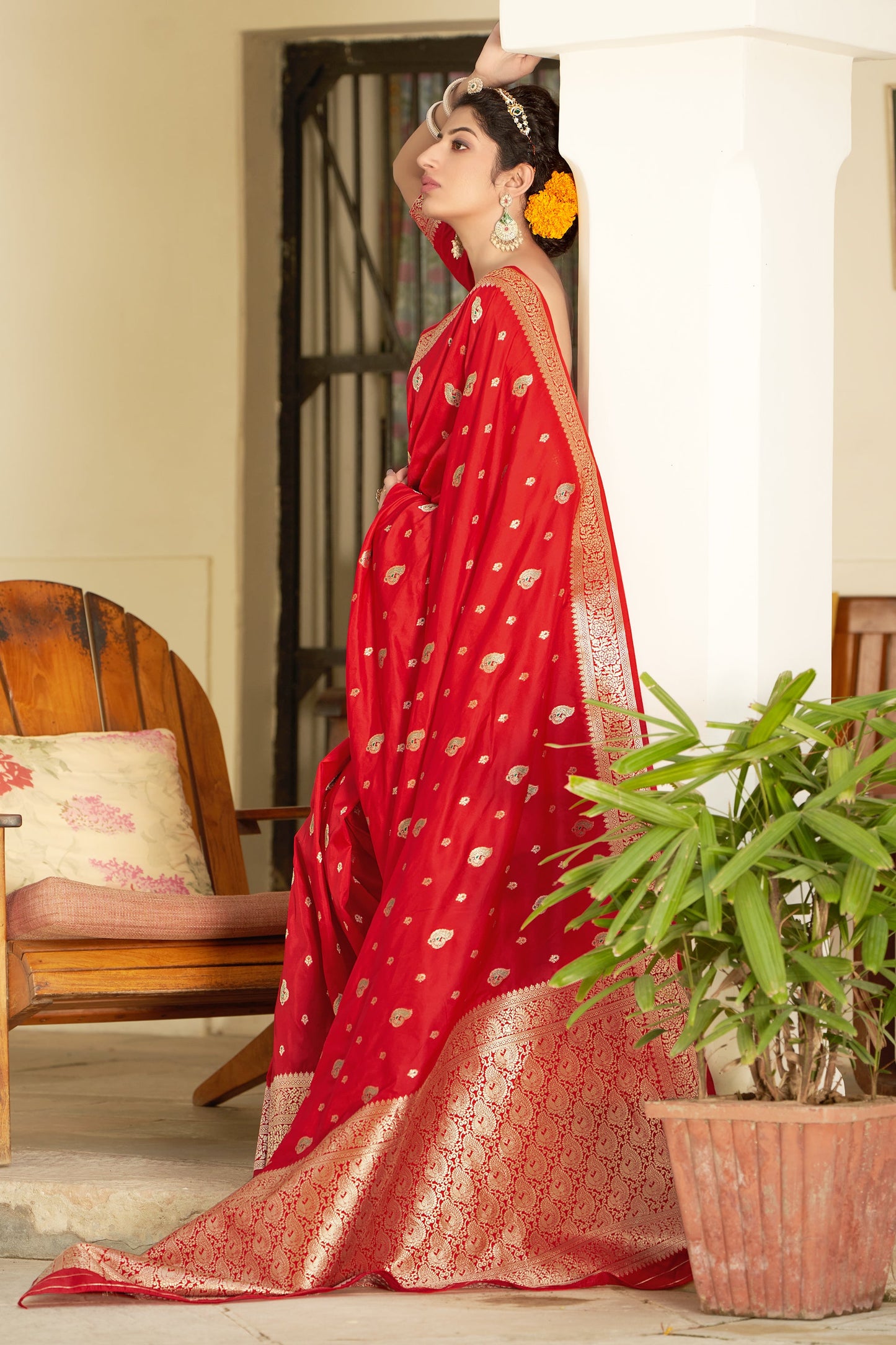 Women's Scarlet Red Color Banarasi Silk Festive Wear Saree