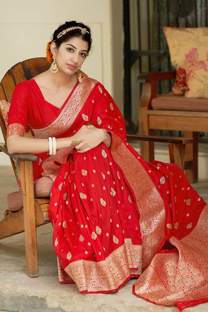 Women's Scarlet Red Color Banarasi Silk Festive Wear Saree