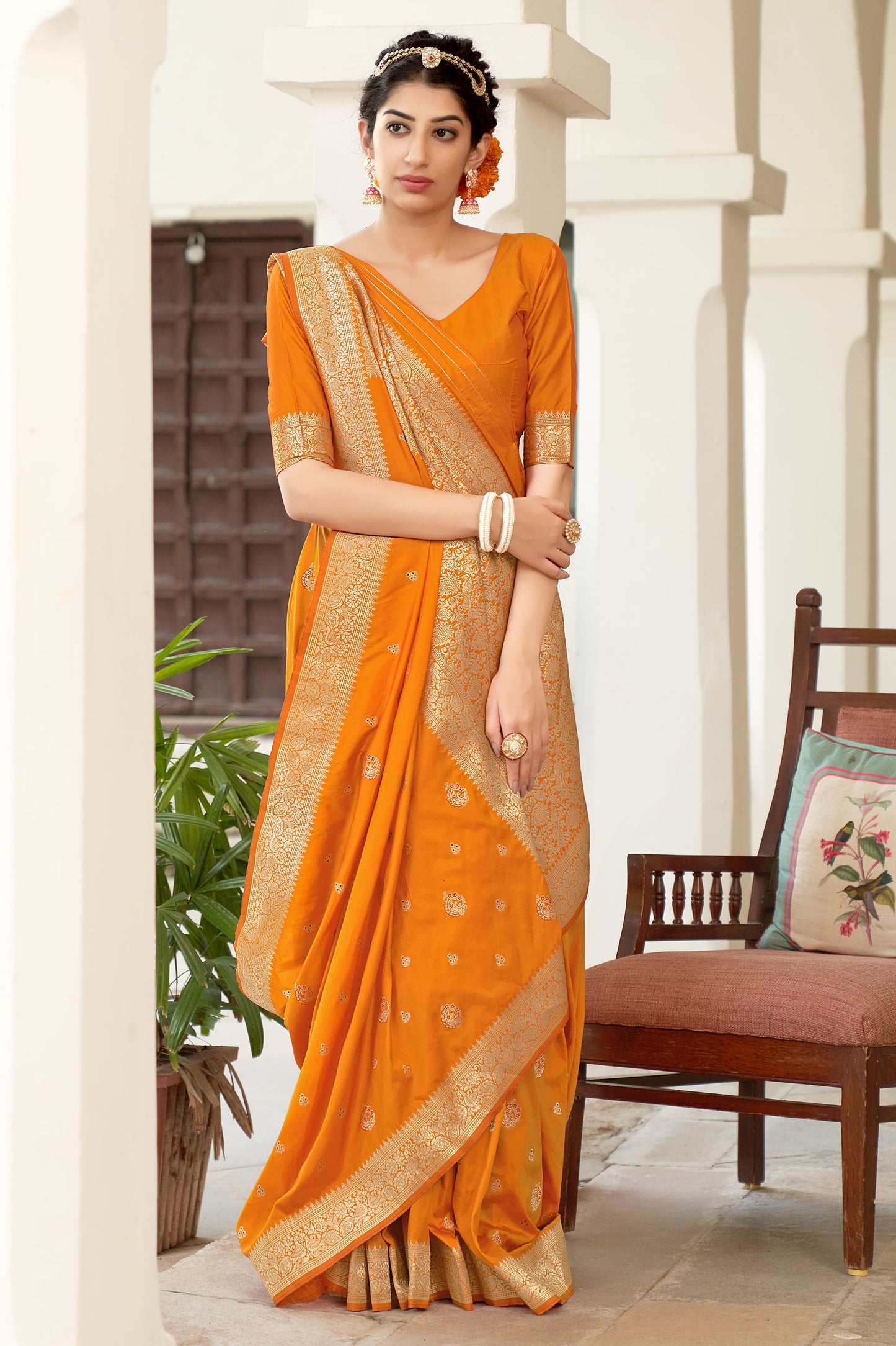 Women's Orange Color Banarasi Silk Festive Wear Saree