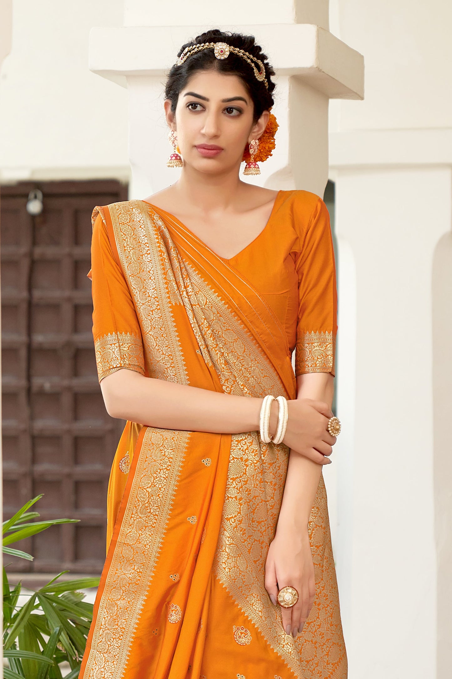 Women's Orange Color Banarasi Silk Festive Wear Saree