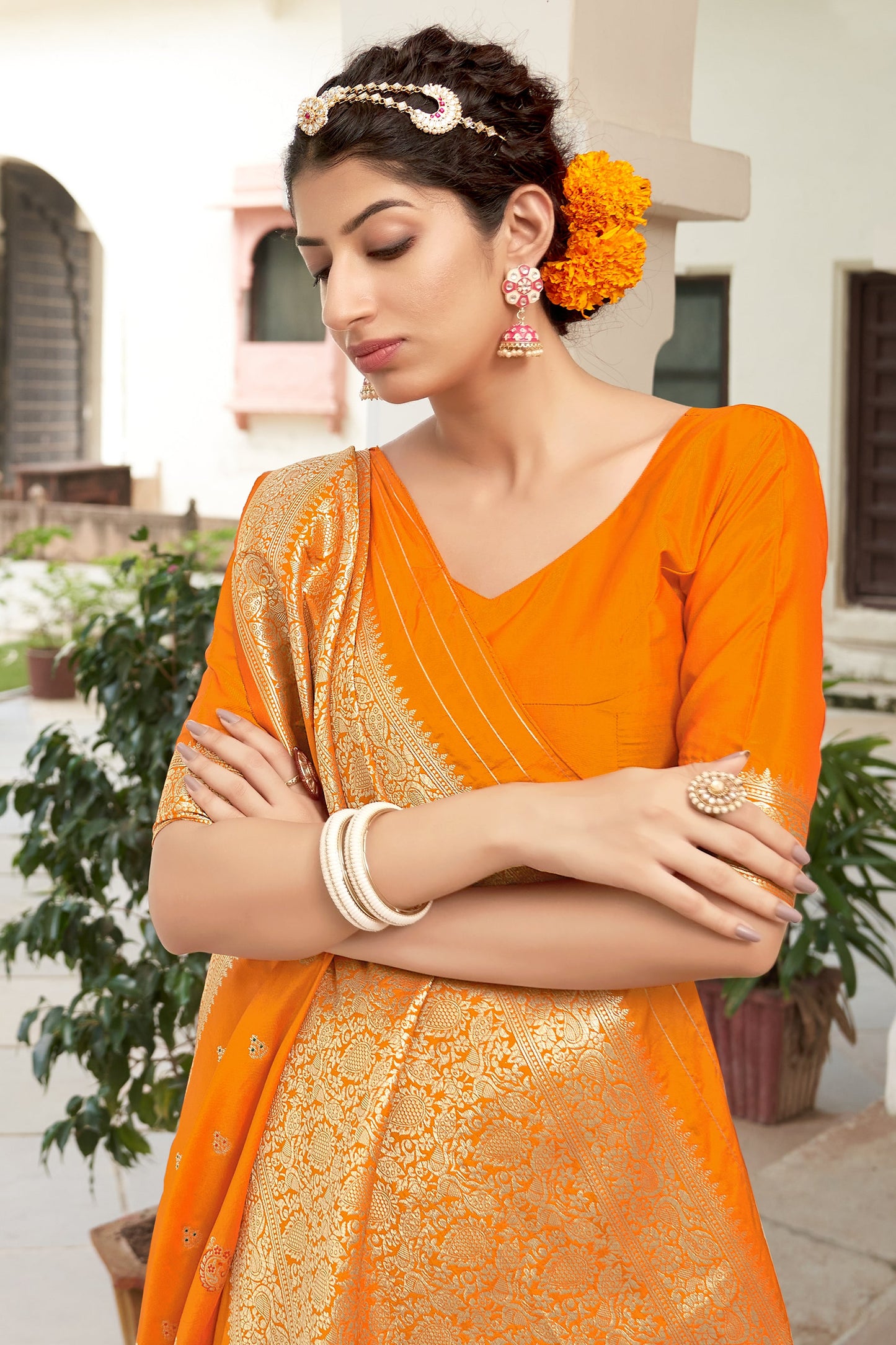 Women's Orange Color Banarasi Silk Festive Wear Saree