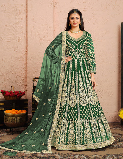 Women's Green Net Designer Floor Length Anarkali Suit