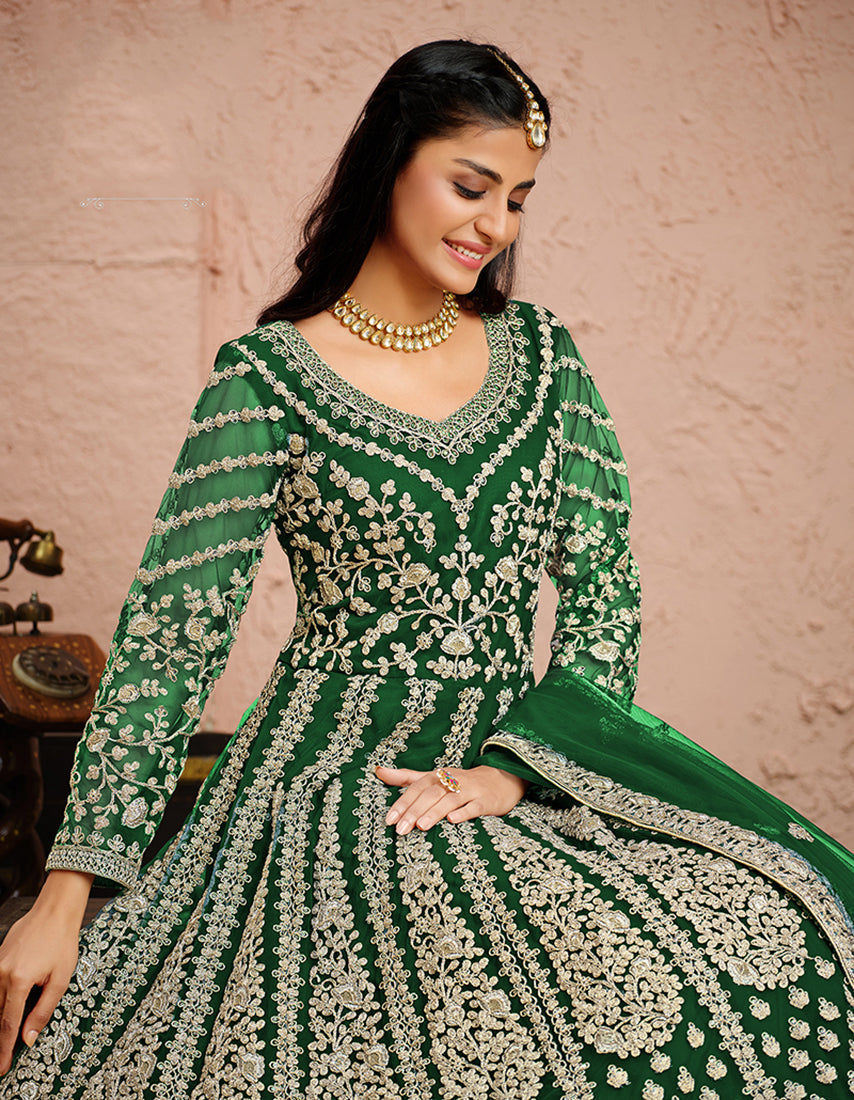 Women's Green Net Designer Floor Length Anarkali Suit